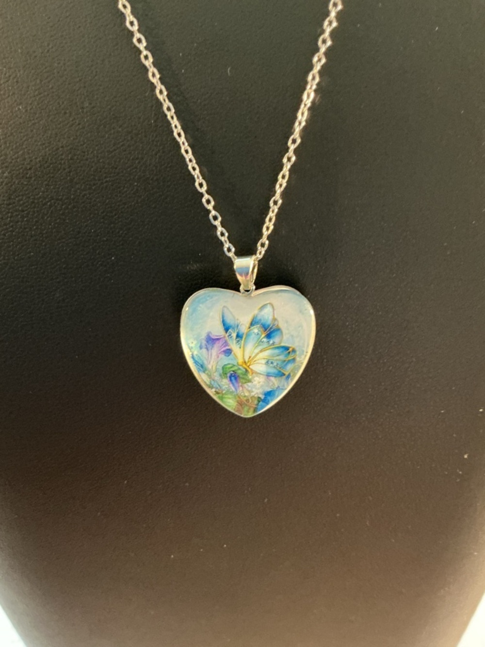 Heart Glass Butterfly Silver Tone Pendant Necklace